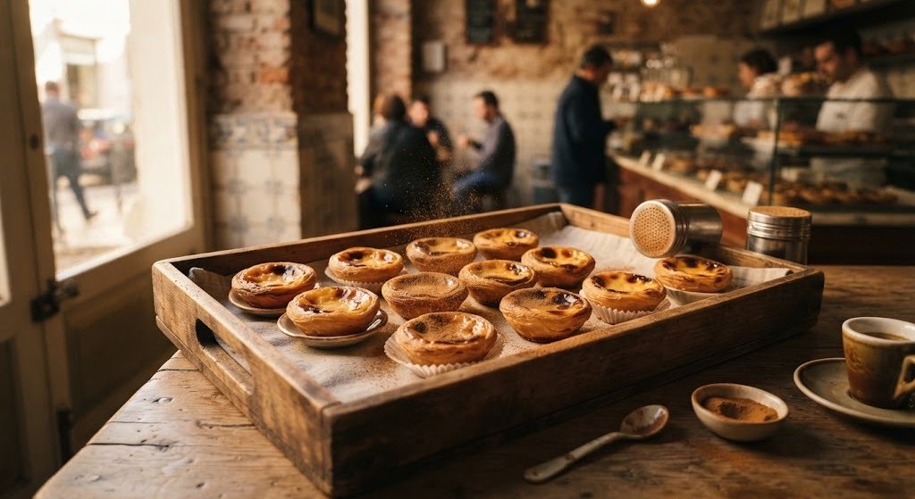 pasteis de nata on a tray with cinnamon, warm bakery light