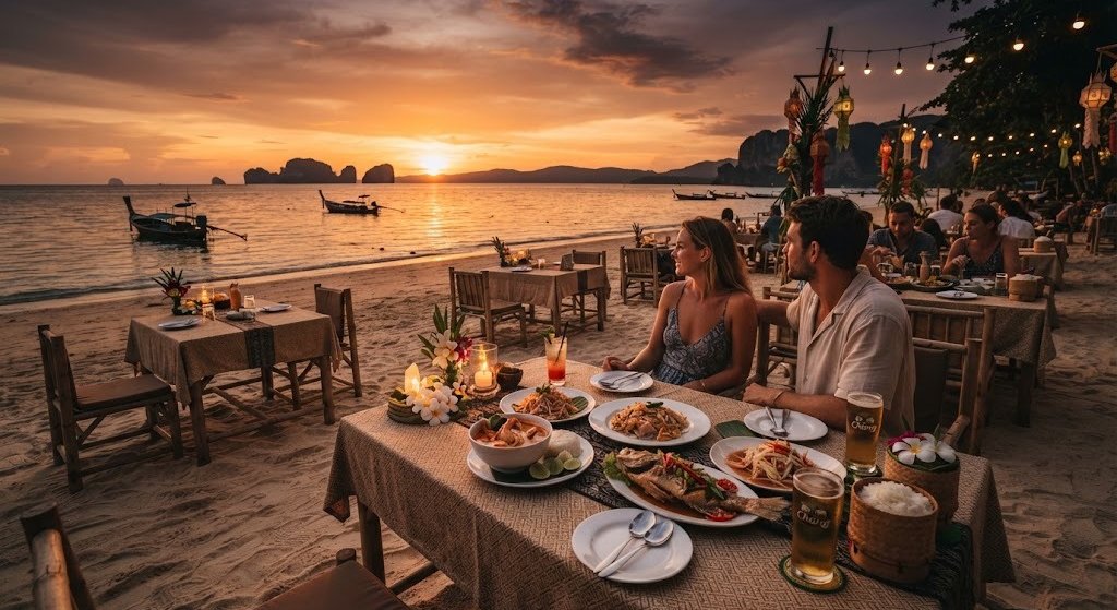 beach restaurant tables on the sand at sunset, Thai coast