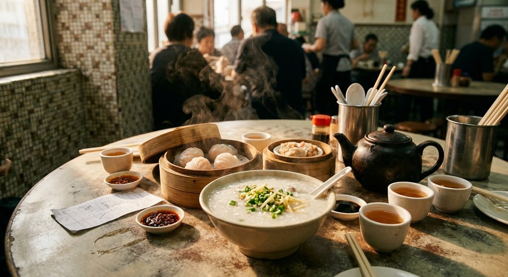Hong Kong teahouse table with congee, har gow and tea, morning light