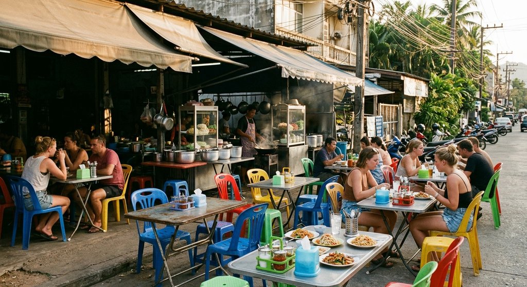 open-air Thai restaurant on a Koh Samui street with plastic chairs