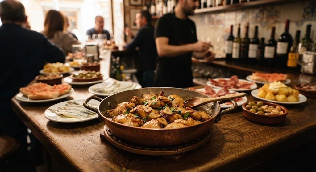 Spanish tapas bar counter with a pan of garlic chicken and sherry