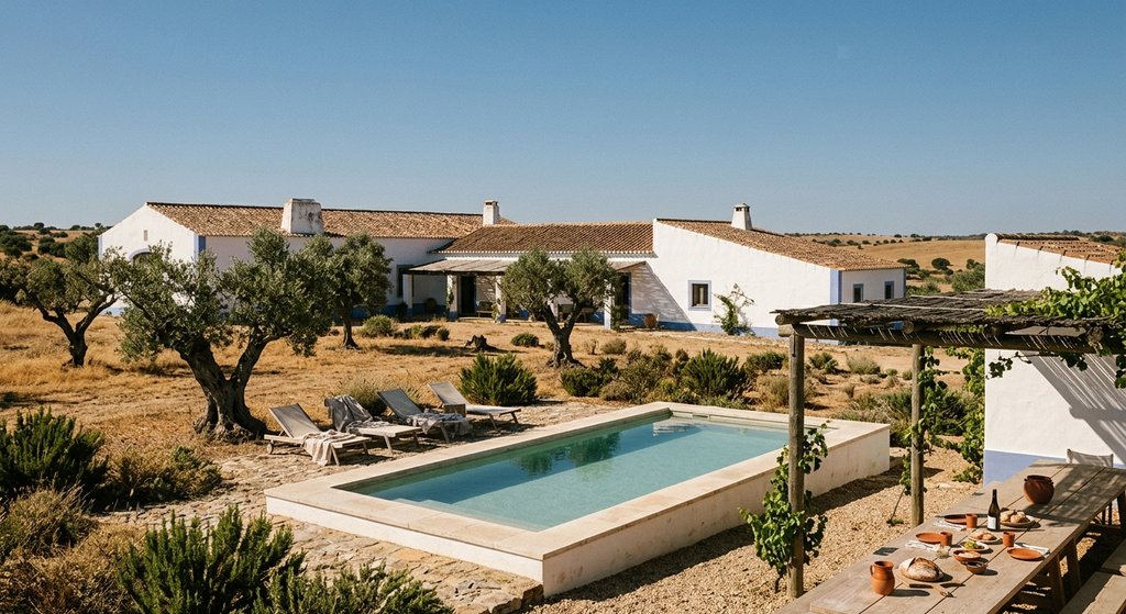 Alentejo estate hotel with white walls, olive trees and a pool